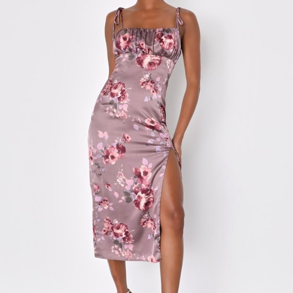 Lulus Fleur-ty Behavior Mauve Floral Satin Tie-strap Midi Dress Purple - Size S